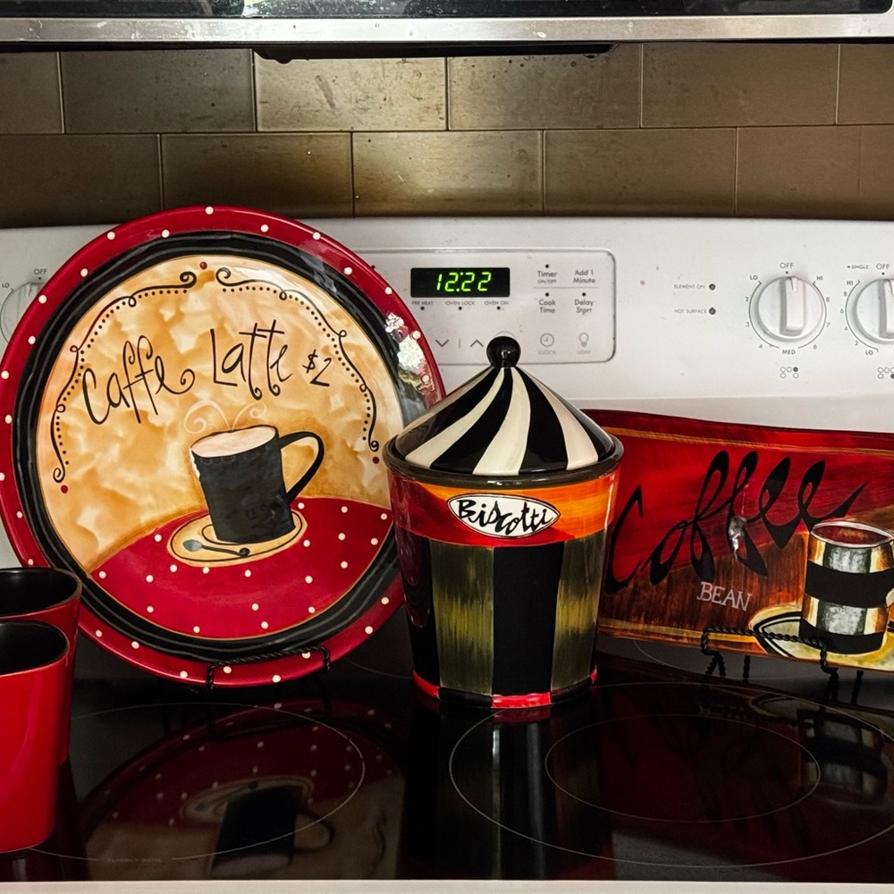 Hobby Lobby Set of Beautiful Display highlighting Red. Black Coffee Kitchen Set